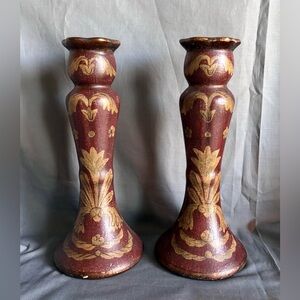 Bombay Co 2005 Candlestick Holders Pair Large Rustic Vintage Brown Gold 10.5”